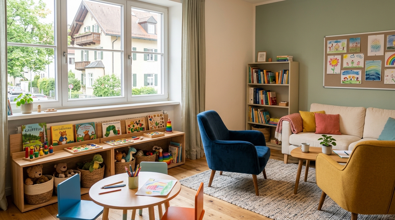 Kinderfreundliche Therapiepraxis mit Spielzeug und Büchern für Kinderpsychologie in München