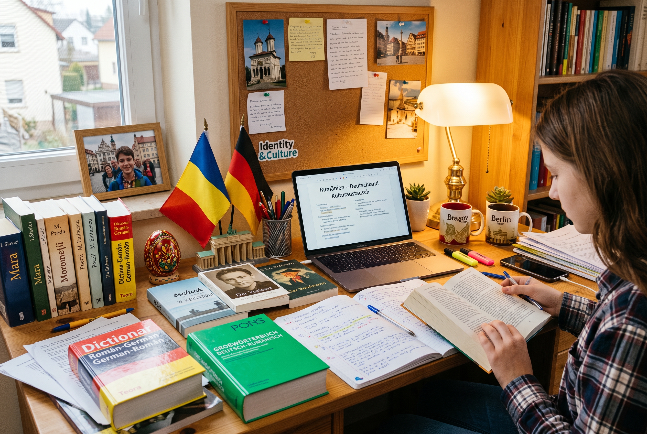 Birou cu cărți în română și germană