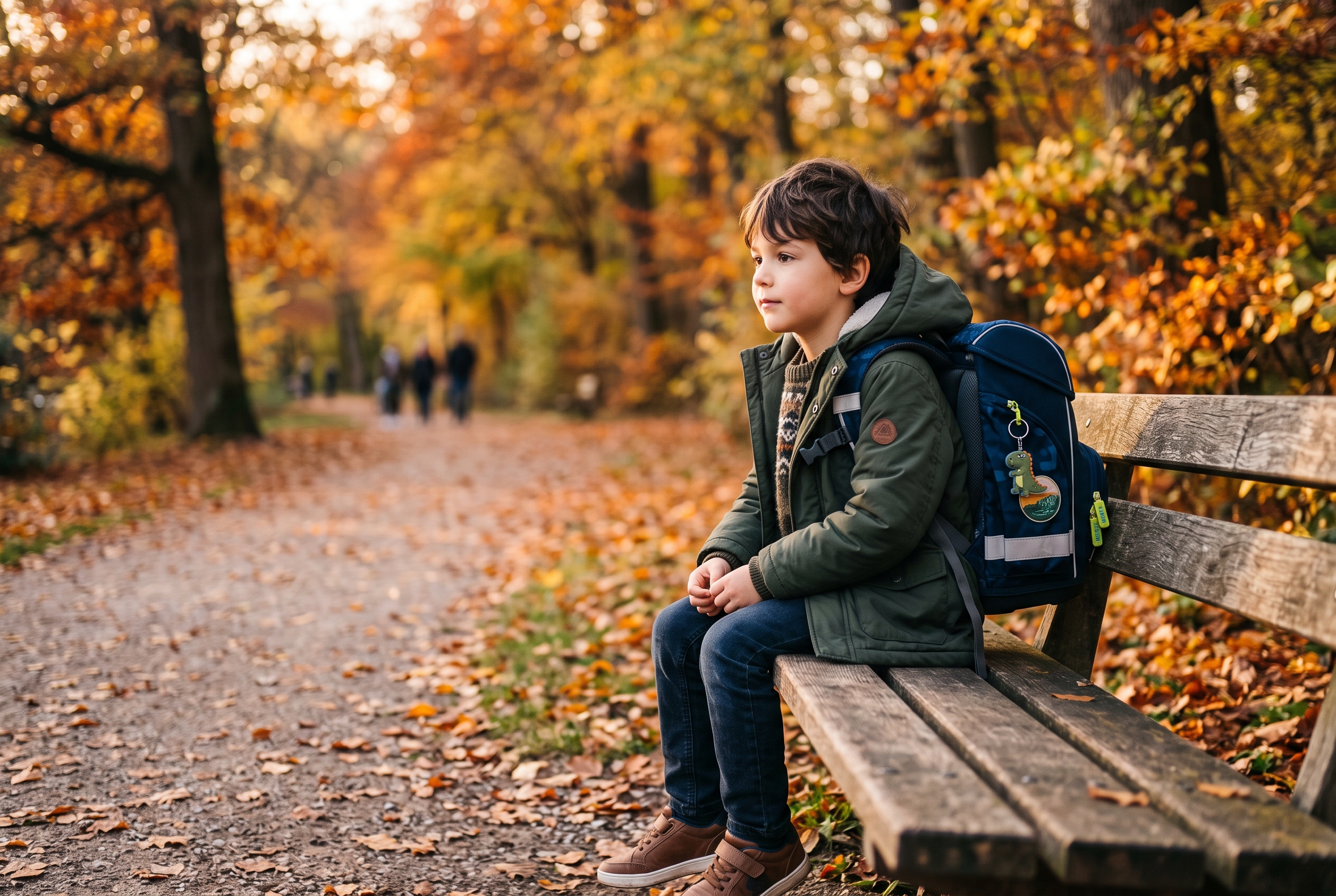 Kind mit Schulrucksack in nachdenklicher Stimmung