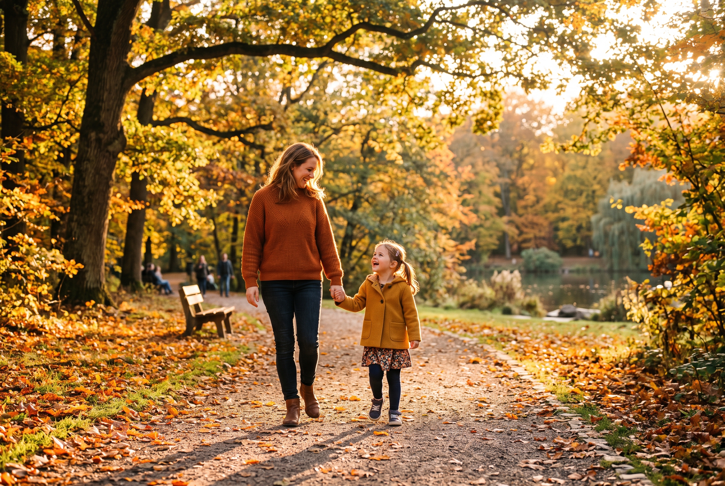 Elternteil und Kind gehen Hand in Hand durch einen herbstlichen Park