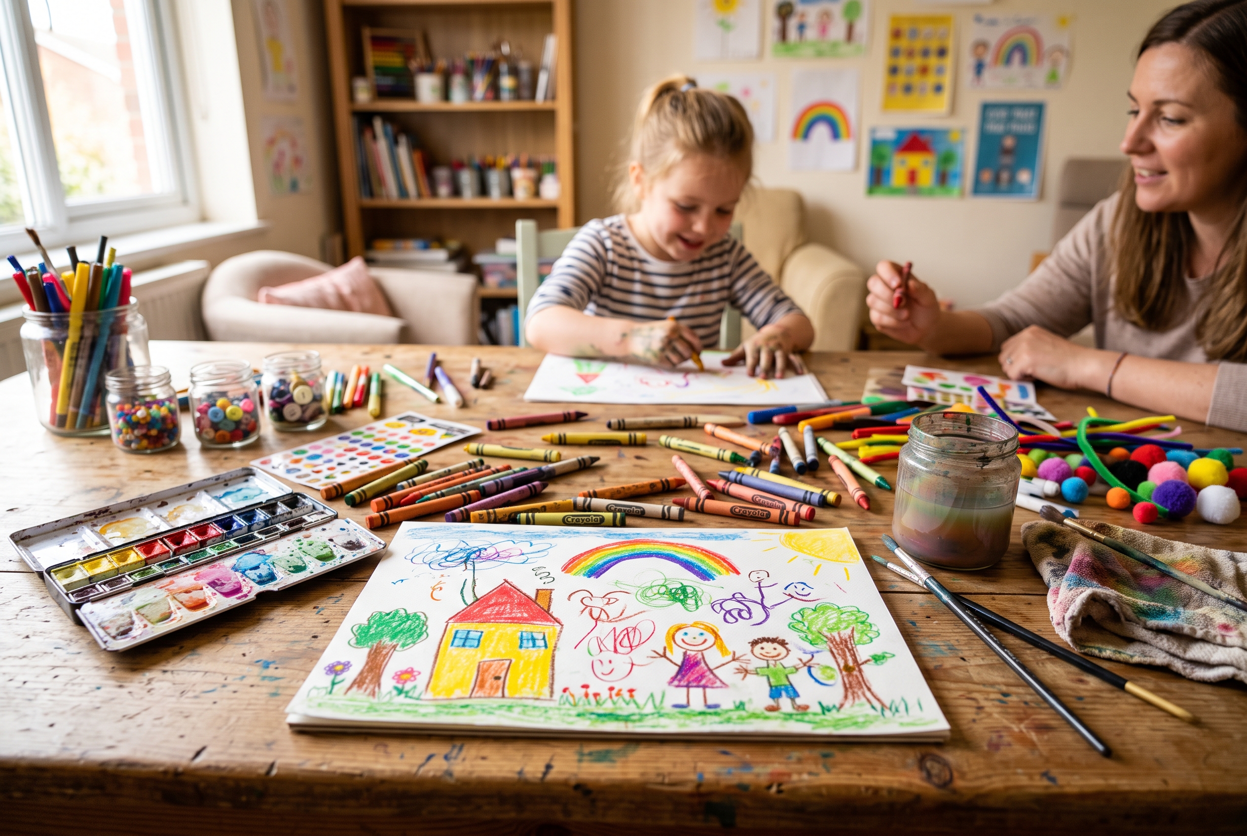 Bunte Malstifte und Aquarellfarben auf einem Holztisch