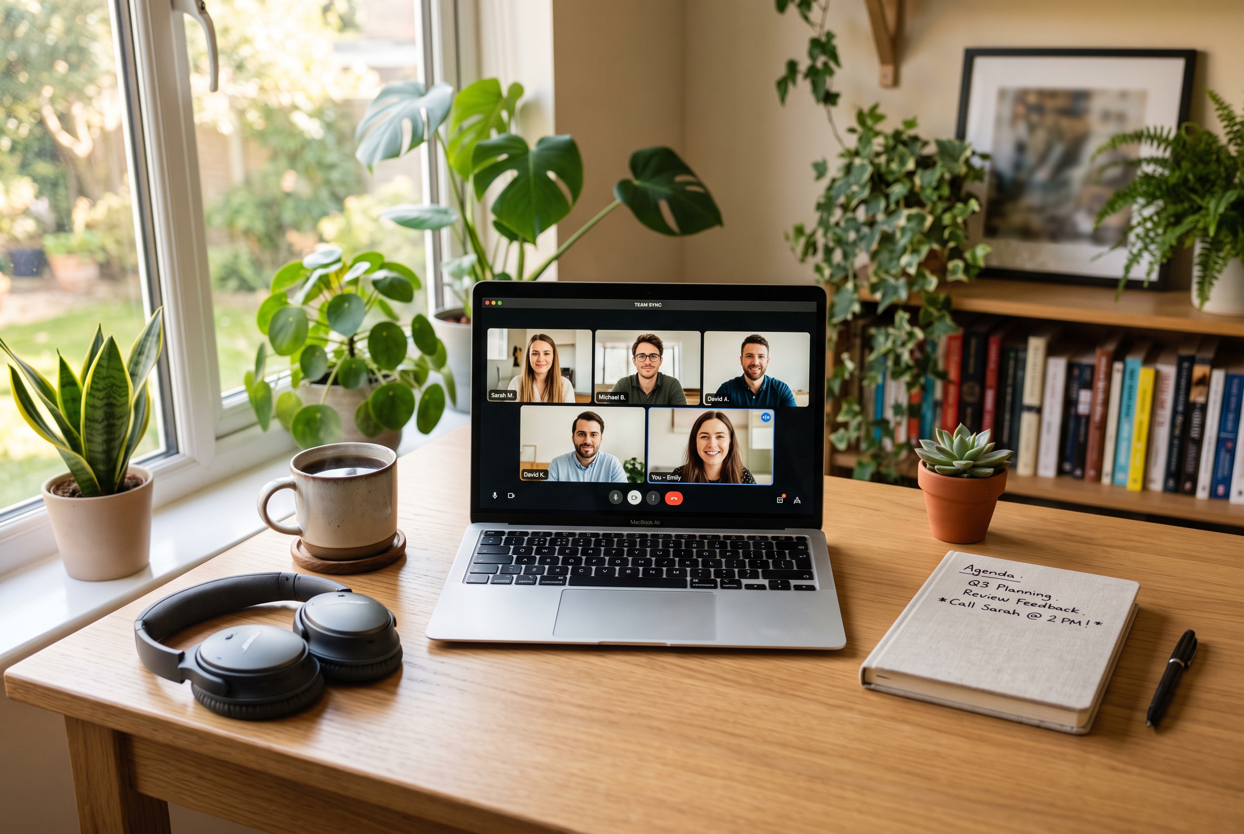 Laptop cu apel video pe un birou curat